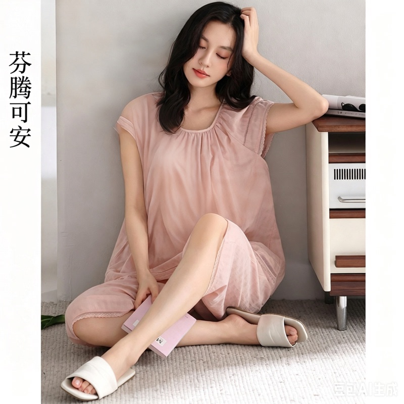 Fentengke'An Woven Cotton Pajamas for Women, Summer Short-Sleeve Cotton Gauze Thin Style, New Pink Color with Chest Pads, Home Wear Fentengke'An Woven Cotton Pajamas for Women, Summer Short-Sleeve Cotton Gauze Thin Style, New Pink Color with Chest Pads, Home Wear
