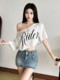 Yi Erkang 2025 New Street Fashion Cool Letter 프린트 인쇄 넓은 어깨 짧은 슬리브 티셔츠 여성 다목적 느슨한 댄스