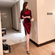 Autumn women's skirt three-quarter sleeves daily improved version of wine red velvet cheongsam retro slim hip dress