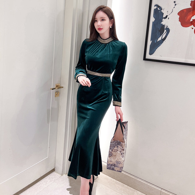 Bottom layer long skirt autumn and winter new sexy temperament ladies high-end gold velvet slim bag hip fishtail dress