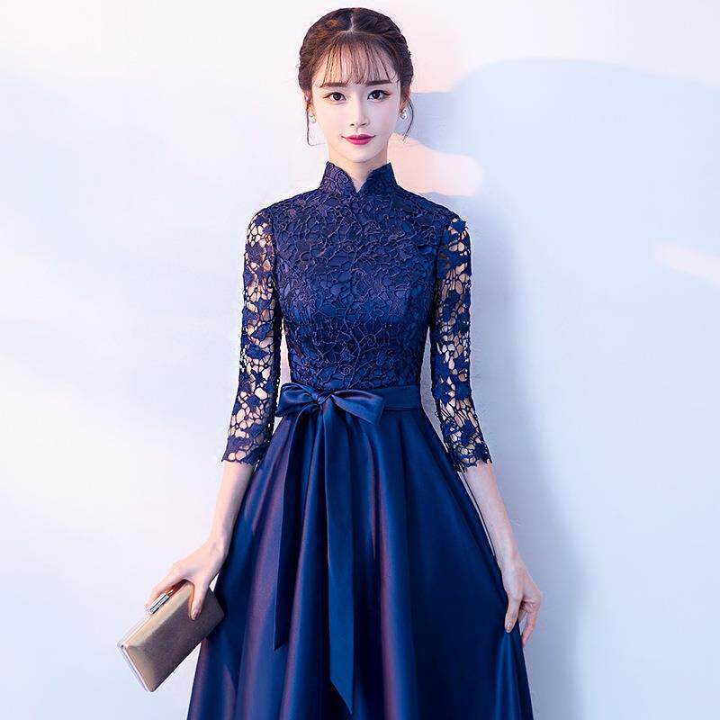 Evening dress female 2020 summer new banquet dignified and elegant blue three quarter sleeves Chinese style long annual meeting dress