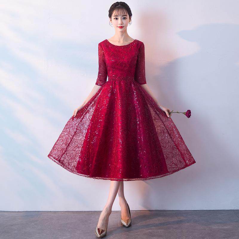 Bride toast dress 2020 new season wedding engagement back door mid-sleeve mid-length version slim slim evening dress female