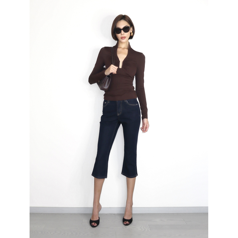 Vanessalab Summer Slimming Blue Slit Capri Cycling Pants Tight-Fitting Mid-Length Pants Cropped Jeans