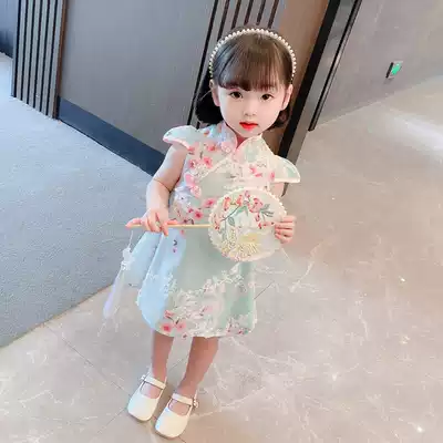 Girls' cheongsam summer dress dress 2021 new female baby Summer improvement Chinese style retro embroidery Hanfu skirt