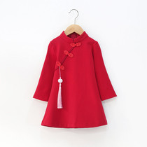 Children cheongsam solid color dress 2021 autumn and winter new little girl Chinese style red dress girl cheongsam dress