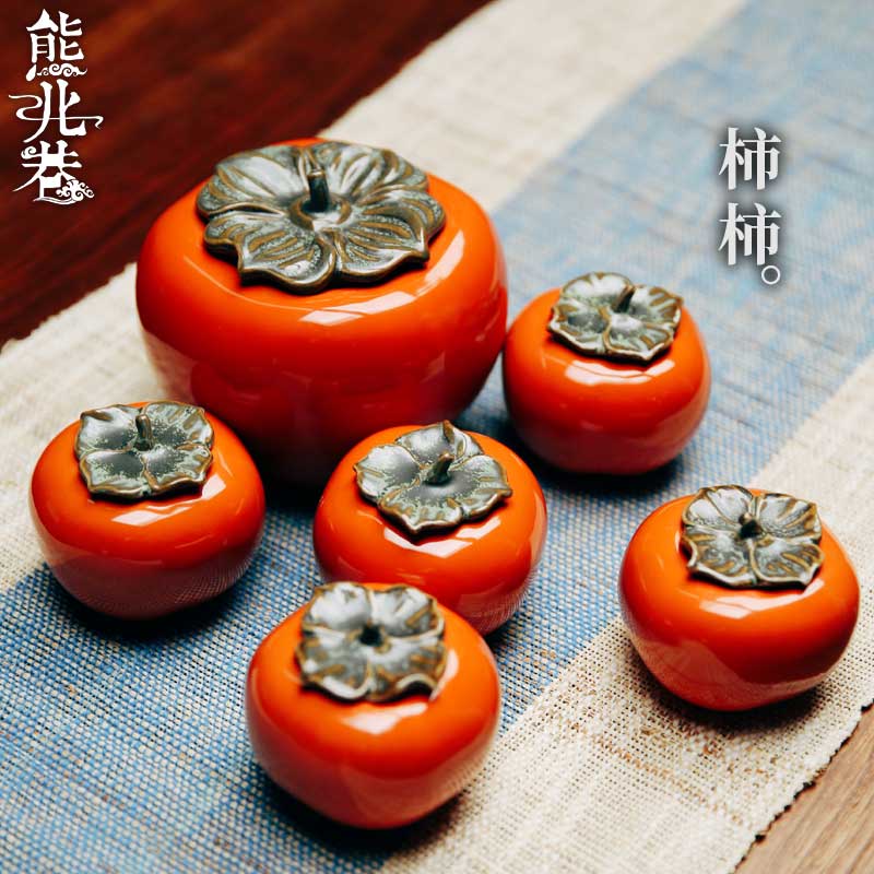 Handmade Mini Ceramic Tea Leaf Jars Travel Portable Seal Pot Tea Dau Pendulum Pieces Emulated Persimmon tea Tea Flats TOMATOES PERSIMMON