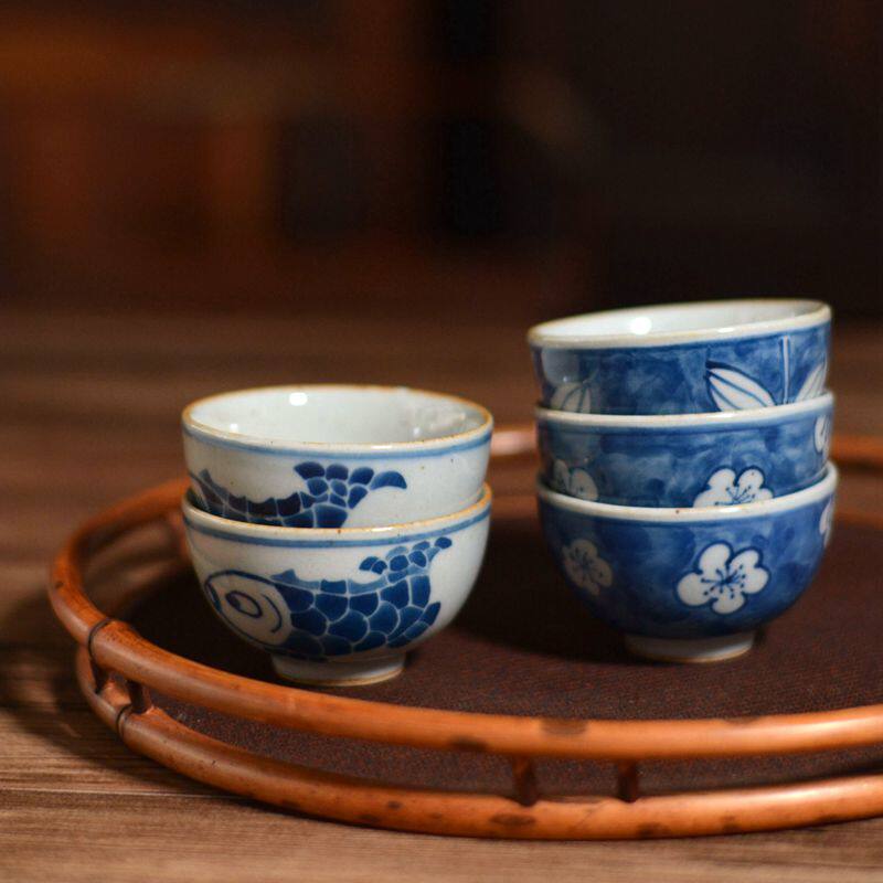 Jingdezhen hand-painted green flower ceramic tea cup coarse pottery comeback ancient tasting cup Chinese master's cup Kung fu tea furniture