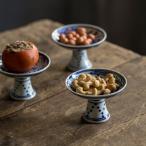 Jingdezhen hand-painted blue and white ceramic high foot saucer Chinese small high-foot tea dish snack plate tea ceremony ornaments