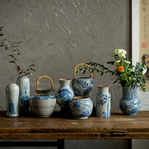 Jingdezhen antique coarse pottery blue and white vase hand-painted flower Ware underglaze color homestay characteristic Vase ornaments