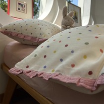 Rainbow) Category A maternal and infant grade colorful polka dot double-layer yarn pure cotton wrinkled yarn lace style four-piece set 1 8m pure cotton