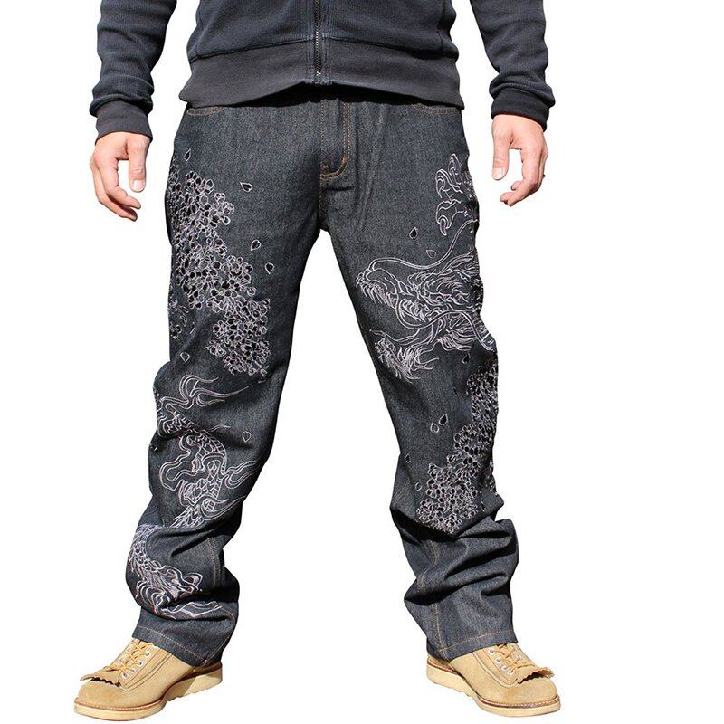 New Japanese Yokosuka Ukiyo-E Tattoo Pattern Straight-Leg Fully Embroidered Denim Pants for Men, Large Dragon Design New Japanese Yokosuka Ukiyo-E Tattoo Pattern Straight-Leg Fully Embroidered Denim Pants for Men, Large Dragon Design