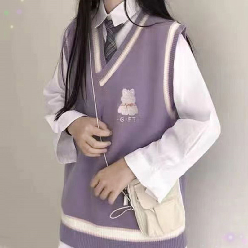 Academy-Style Purple Vest and Shirt Two-Piece Set, Autumn Outfit, Japanese Layered Wear, V-Neck Sleeveless Sweater, Knitted Vest for Outerwear