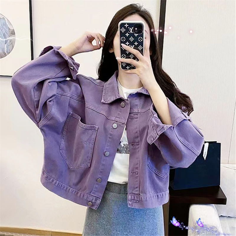 Purple Denim Jacket for Women in Early Spring, Short Style with a Unique Design for Petite Girls, Sweet and Cool Dopamine Style