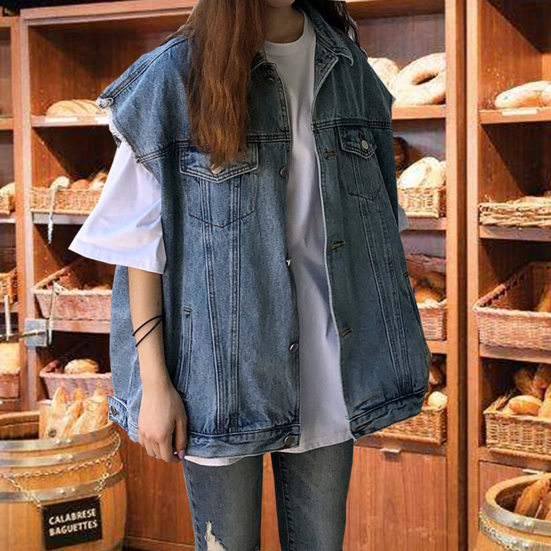 Mùa xuân và mùa thu ngựa Clip người phụ nữ mặc một chiếc cặp trăm của denim áo giáp phiên bản tay áo khoác mùa hè bảo hộ lao vai denim vest ngắn Hàn Quốc