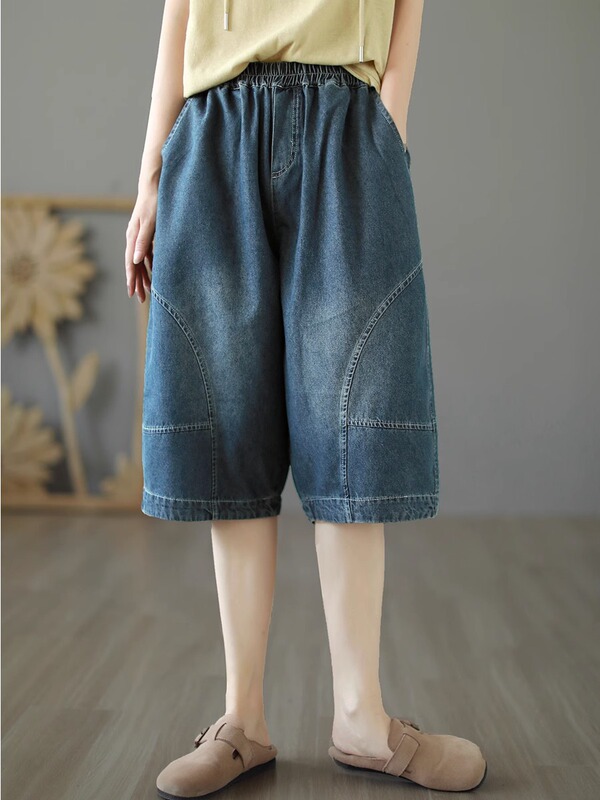 Summer Denim Shorts for Women, Six-Point Length, Thin, Loose, Wide-Leg, Over-The-Knee, Mid-Length, Slimming, Mom Pants, Casual Women's Pants
