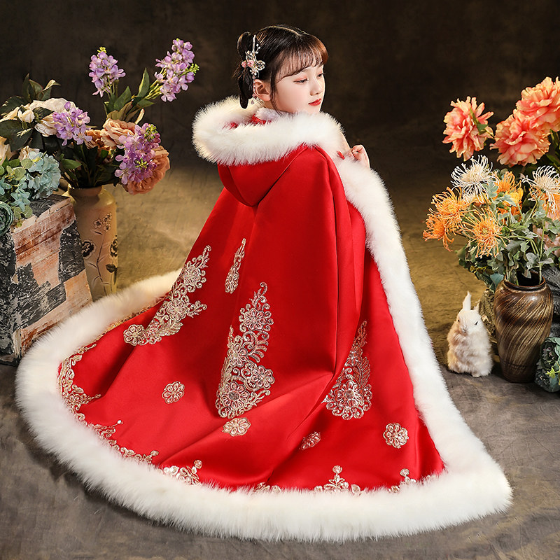 Women's Baobai New Year uniforms Children's ancient windy winter style Han clothes girl cloister cloak cape hood jacket autumn and winter 2023 new-Taobao