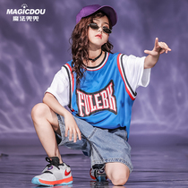 Street dance suit boys performance clothes hip-hop fake two basketball clothes short-sleeved children summer girls fashion show tide clothes