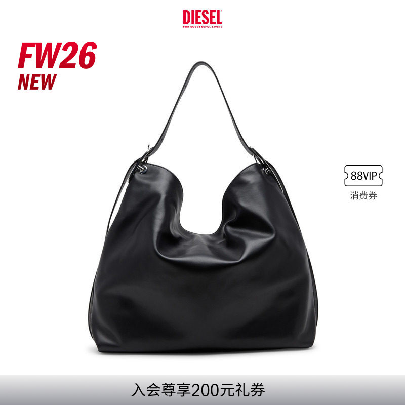 [New Model] Diesel Unisex 26 Early Autumn Black Large D-Line Hobo Bag