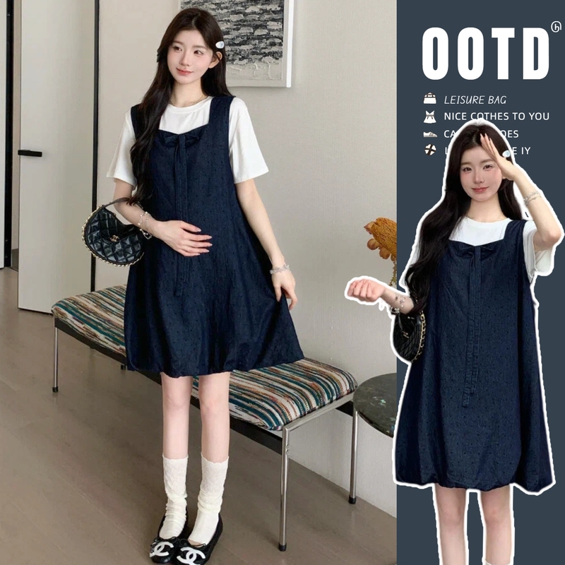 Maternity Wear "Forest Style Relaxation" Korean-Style Simple Bowknot Floral Tank Dress Summer Maternity Dress Set