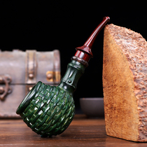 Heather green carved horn bamboo basket handmade pipe red kanzui mens old-fashioned solid wood smoke bag pot smoke pot