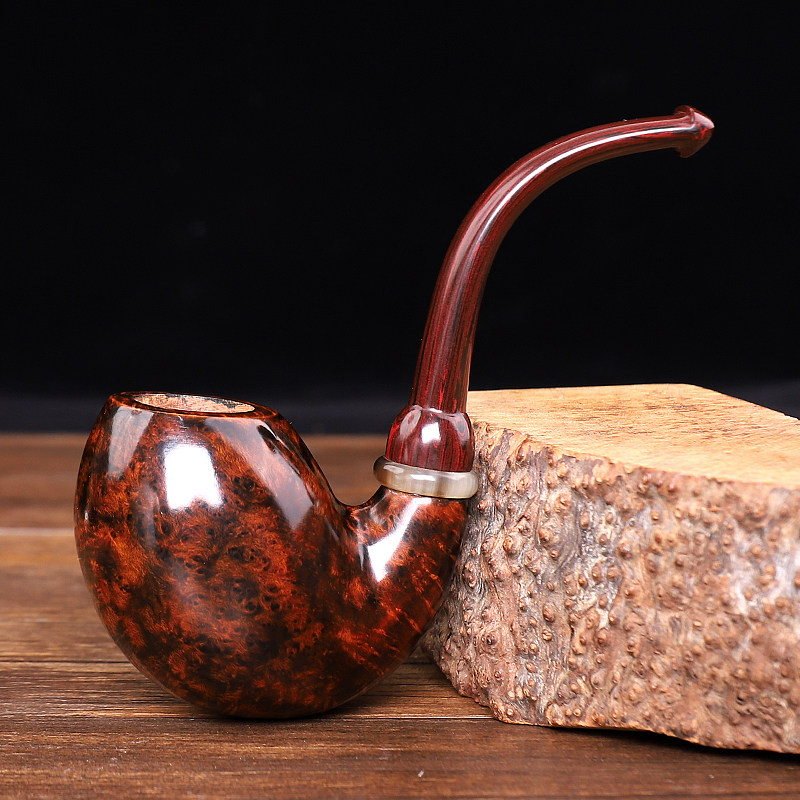 Heather glossy horns handmade pipe red hood men's old-fashioned solid wood smoking bag pot smoke pot - Taobao