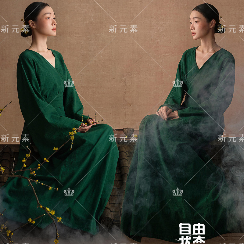 Photo Studio New Chinese Style National Style Green Dress for Women Retro High-End Zen Style Portrait Photo Art Photography Clothing
