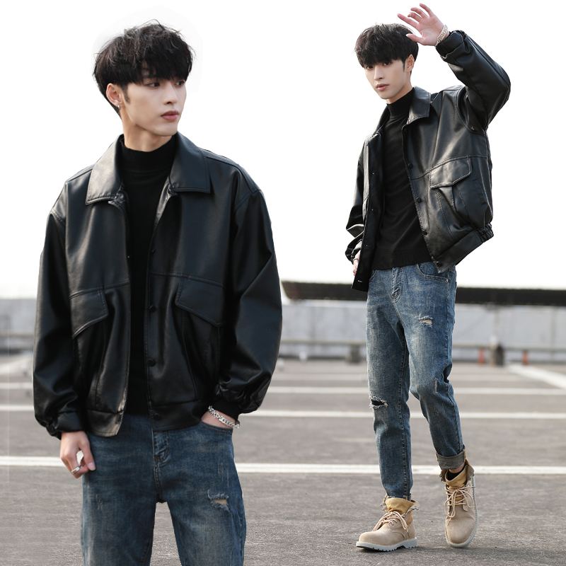 Korean version of the trend handsome loose leather jacket men's motorcycle suit pilot leather jacket spring and autumn new student coat tide brand