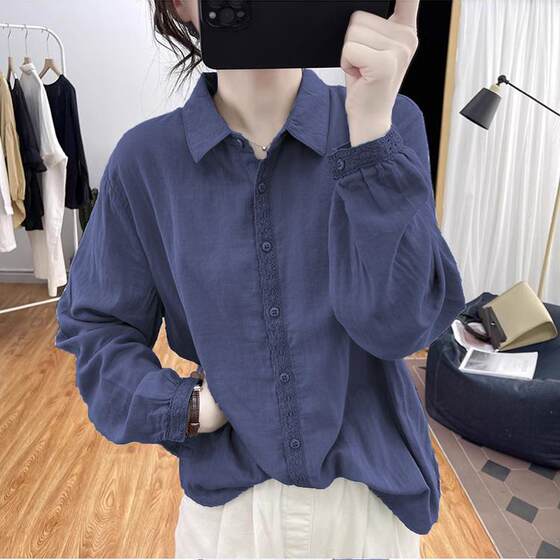 品牌女装清仓折扣春秋纯棉翻领衬衫女气质蕾丝上衣宽松减龄打底衫