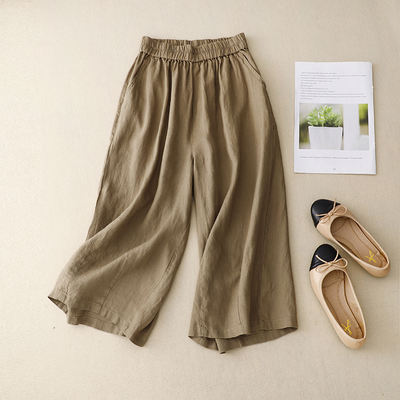 Off-season clearance ~ Brand discount women's clothing summer linen wide-leg pants, women's cotton and linen straight-leg pants, elastic waist seven-inch pants