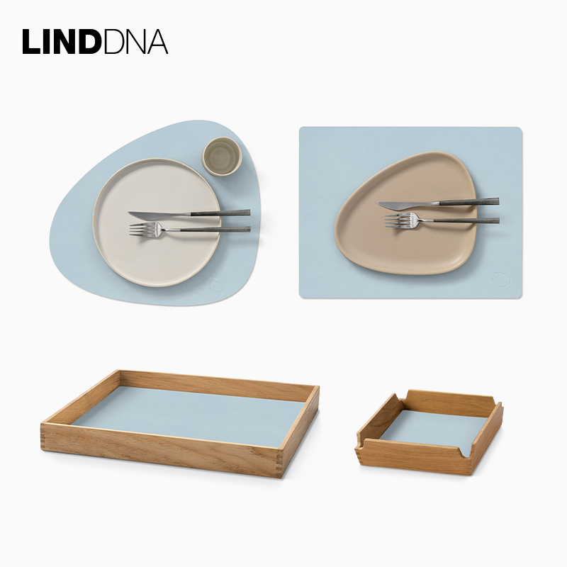 Danish Lind Dna Sky Blue Leather Placemat Non-Slip Stain-Resistant Heat Insulation Mat Storage Tray Wooden Tea Tray