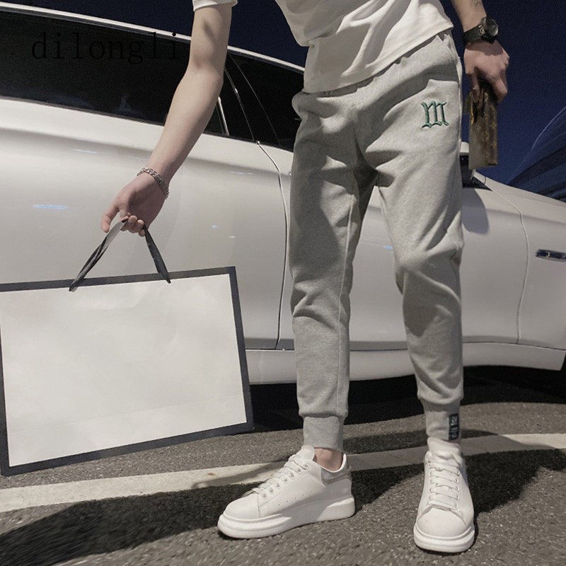IT ins leggings men's spring and autumn trendy brand high-end slim embroidery gray fleece sports nine-point casual pants - Taobao