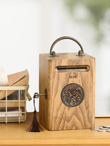 Solid Wood large with lock piggy bank retro treasure box Net red key portable piggy bank banknote adult gift