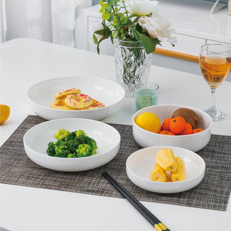 Pure white bone china steaming plate household deep mouth plate nest plate meal plate ceramic tableware stir-frying large soup plate deep plate