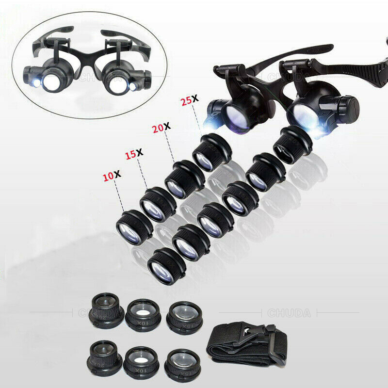 Head wearing glasses style repair magnifier 20 times led with lamp 10 times 15 times double eyes 8 sets of eyepieces to test jewellery