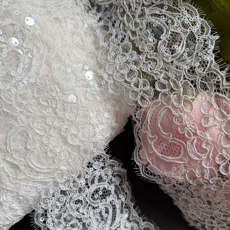 Heavy-Duty Eyelash Lace with Sequins, Floral Cutouts, Non-Elastic Lace for DIY Doll Clothes, Hair Accessories, and Lace Trim Accessories