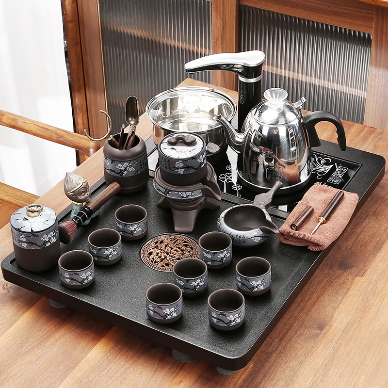 Small stone tea tray stone automatic purple clay tea set set household living room bottom water-filled tea table