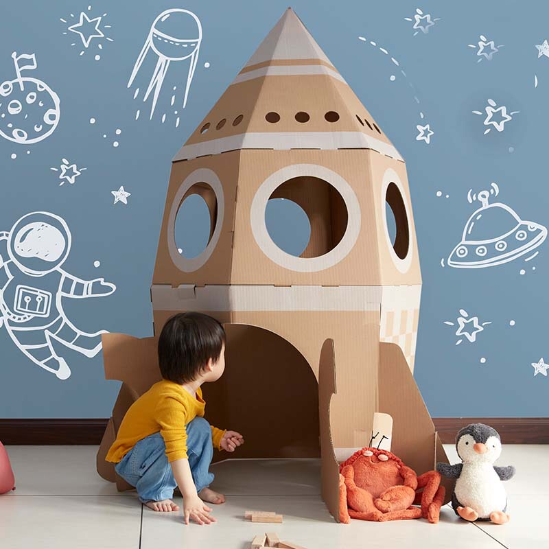 Cardboard Big Rocket Children's DIY Playhouse Tent Coloring Toy Castle Paper Shell Handmade Assembled Cardboard Box House