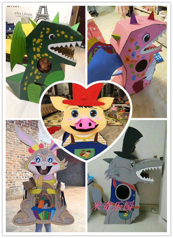 Child Cardboard Animals Can Wear Dinosaur Nursery School Handcrafted Working Carton Diy Assembled Rabbit Model Grey Wolf