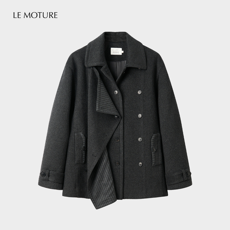 Lm Style Wool Double-Breasted Coat with Striped Patchwork Woolen Long-Sleeve Jacket 2026 Half-Flower Petal Lm Style Wool Double-Breasted Coat with Striped Patchwork Woolen Long-Sleeve Jacket 2026 Half-Flower Petal