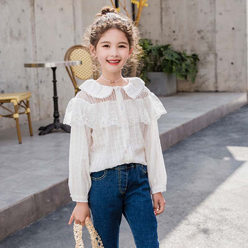 Girls shirt spring and fall 2022 lace white shirt in the big children's sleeve pie fashion