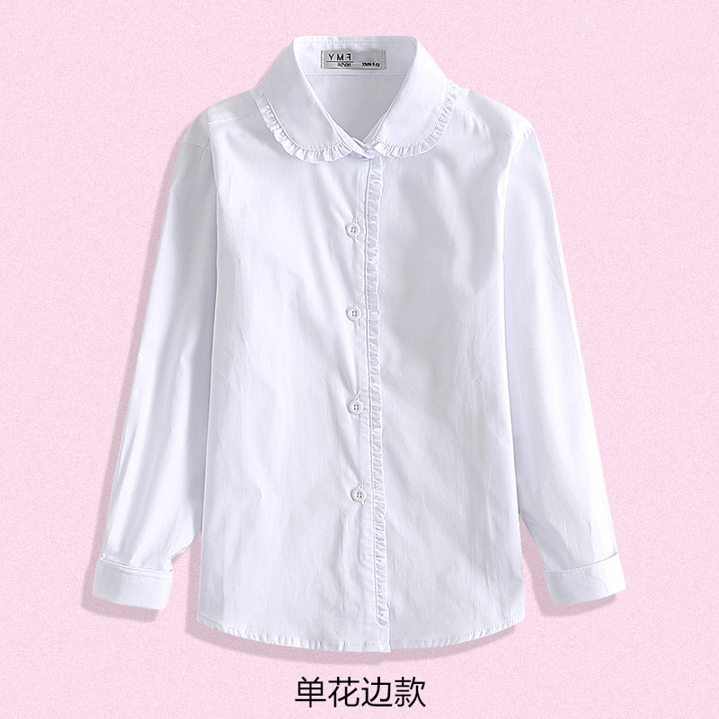 Girls' white shirts, cotton white school uniforms, student performance shirts, spring and autumn clothes, big children's lapel, long-sleeved college style