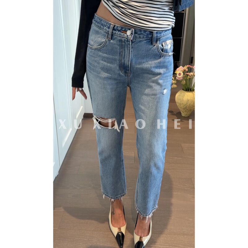 Xu Xiaohei【Cowboy King Second Generation】Mid-High Waist Non-Stretch Ripped Washed Distressed High-Waisted Straight-Leg Jeans Xu Xiaohei【Cowboy King Second Generation】Mid-High Waist Non-Stretch Ripped Washed Distressed High-Waisted Straight-Leg Jeans