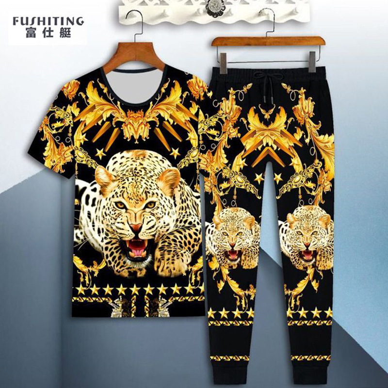 Set/Single Item: Spiritful Young Man's Short-Sleeved Long Pants Casual Outfit for Boys, Korean Style Trendy Social Dragon and Tiger Pattern Print