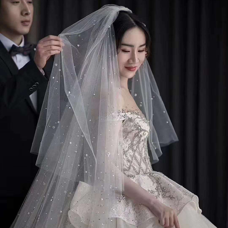 Veil bride main wedding dress photo props certificate long micro sparkling bead drill headdress double layer drag tail retro super immortal