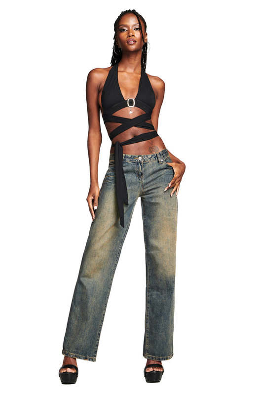 Iamgia European and American Style Retro Distressed Jeans, Bella Style Low-Waisted Straight Loose Long Pants