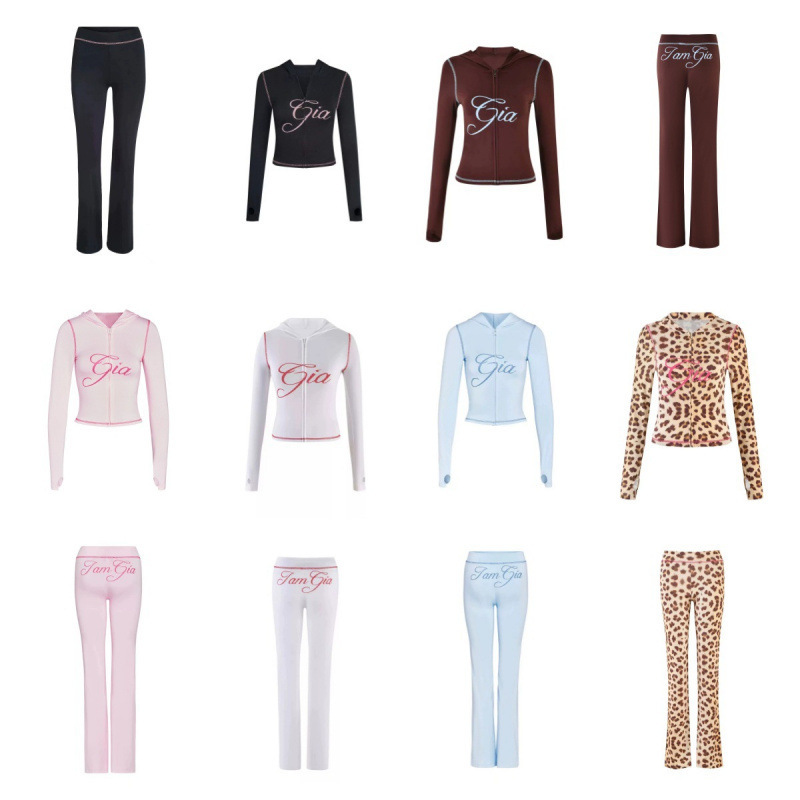 Iamgia Slim-Fit Letter Print Top with Visible Stitching Design, Slim-Fit Hooded Zip-Up Short Jacket and Pants Set