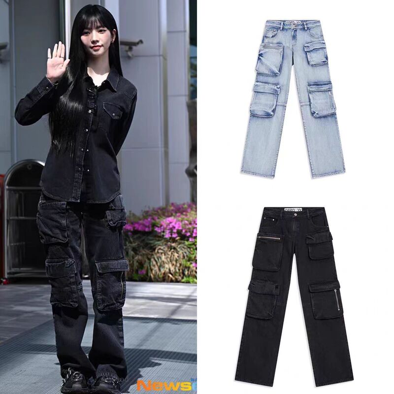 Lee Ji-Eun's Same Style Retro Pocket Washed Distressed Zipper Low-Rise Jeans Lee Ji-Eun's Same Style Retro Pocket Washed Distressed Zipper Low-Rise Jeans