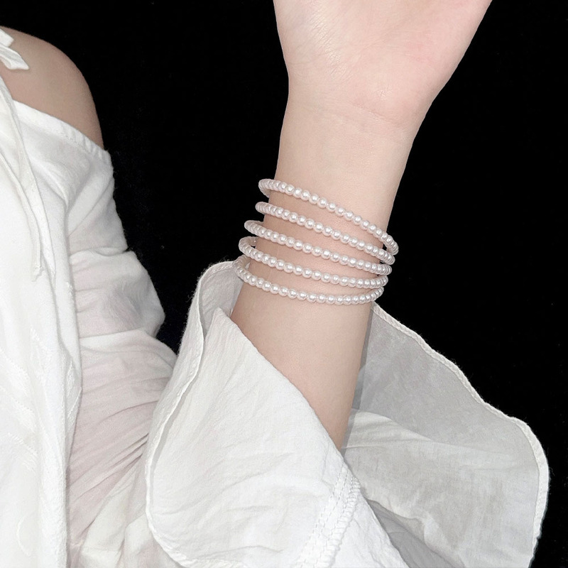 Retro Hong Kong Style Multi-Layered Pearl Beaded Bracelet for Women, Fashionable, Exquisite and High-End New Open Bracelet Jewelry