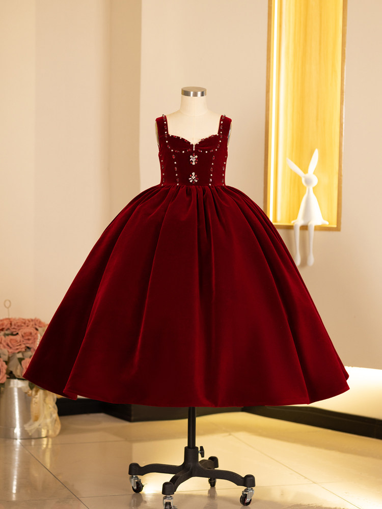 Girls' Dress, Light Luxury, Niche, High-End Flower Girl Wedding Red Princess Dress, Autumn and Winter Velvet Host Piano Performance Dress