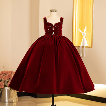 Girls' Dress, Light Luxury, Niche, High-End Flower Girl Wedding Red Princess Dress, Autumn and Winter Velvet Host Piano Performance Dress